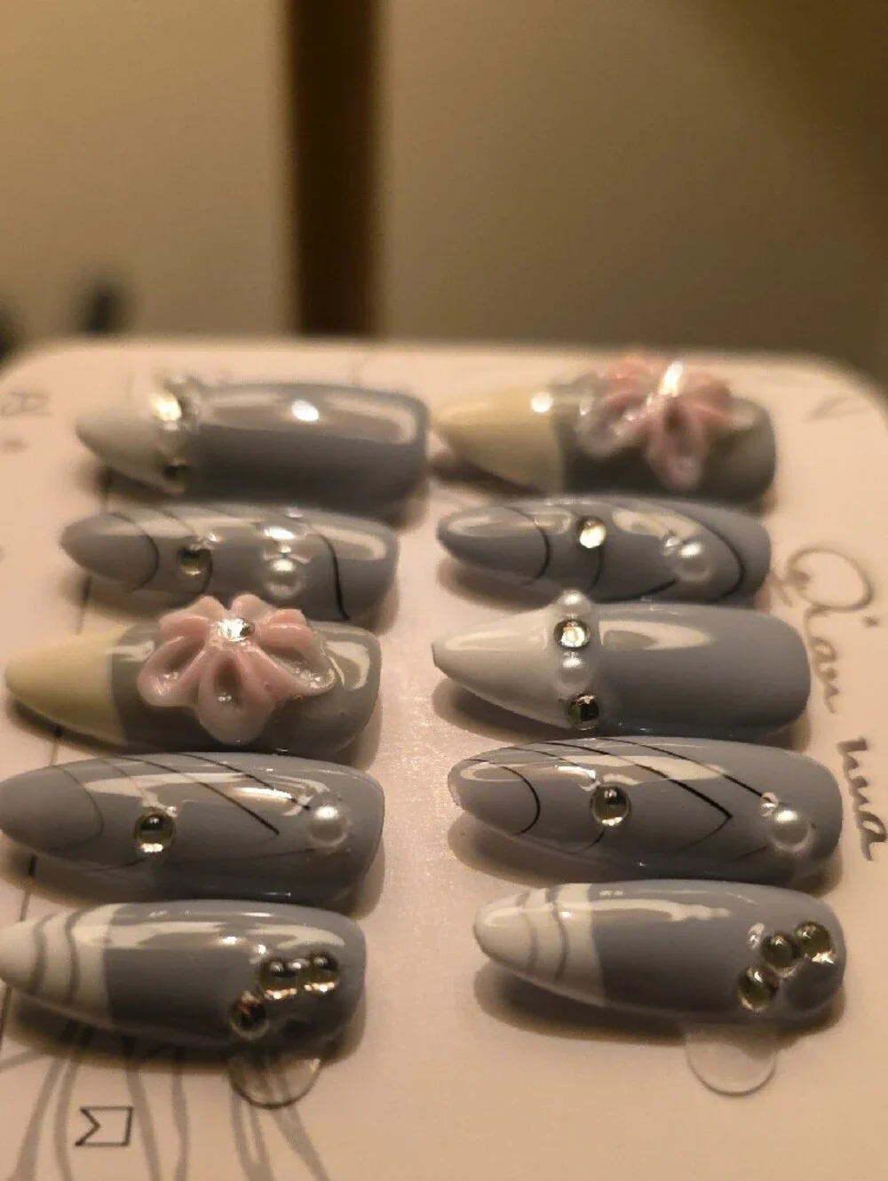 Gray & White Floral Pearl Accent Press-On Nails